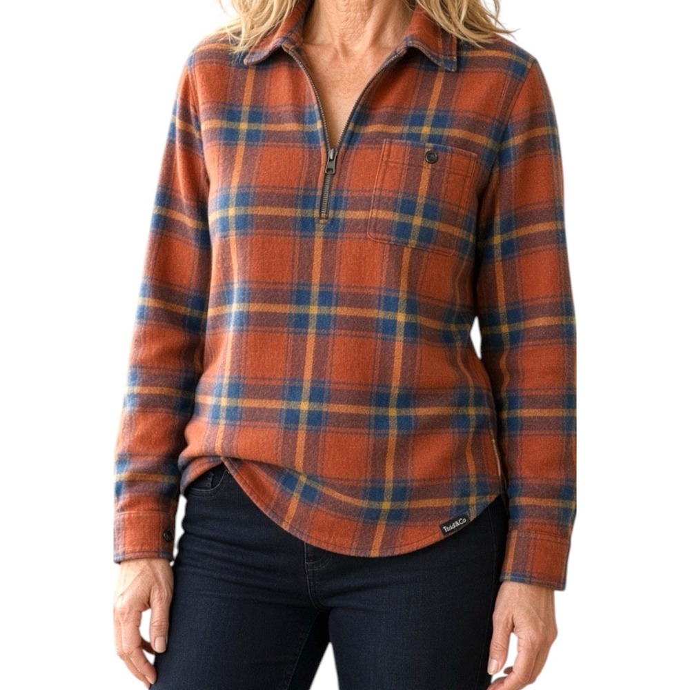 Toad&Co Orange Plaid Half-Zip Button Down Shirt - Picture 1 of 9